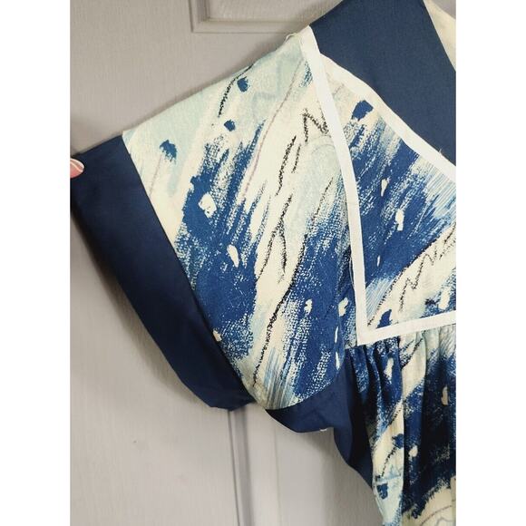 VTG 80s Good Times Hawaii MuuMuu Caftan Maxi Dress Blue White Abstract Large NOS - Picture 7 of 11